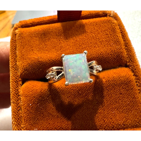 Simulated Opal Ring 925 Sterling Silver Square Cut Sz 6.5 Cocktail - Picture 1 of 7